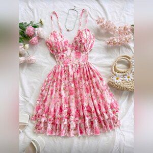 Soleia Floral Print Chiffon Flowy V-Neck Ruched Cutout Backless Double Layered